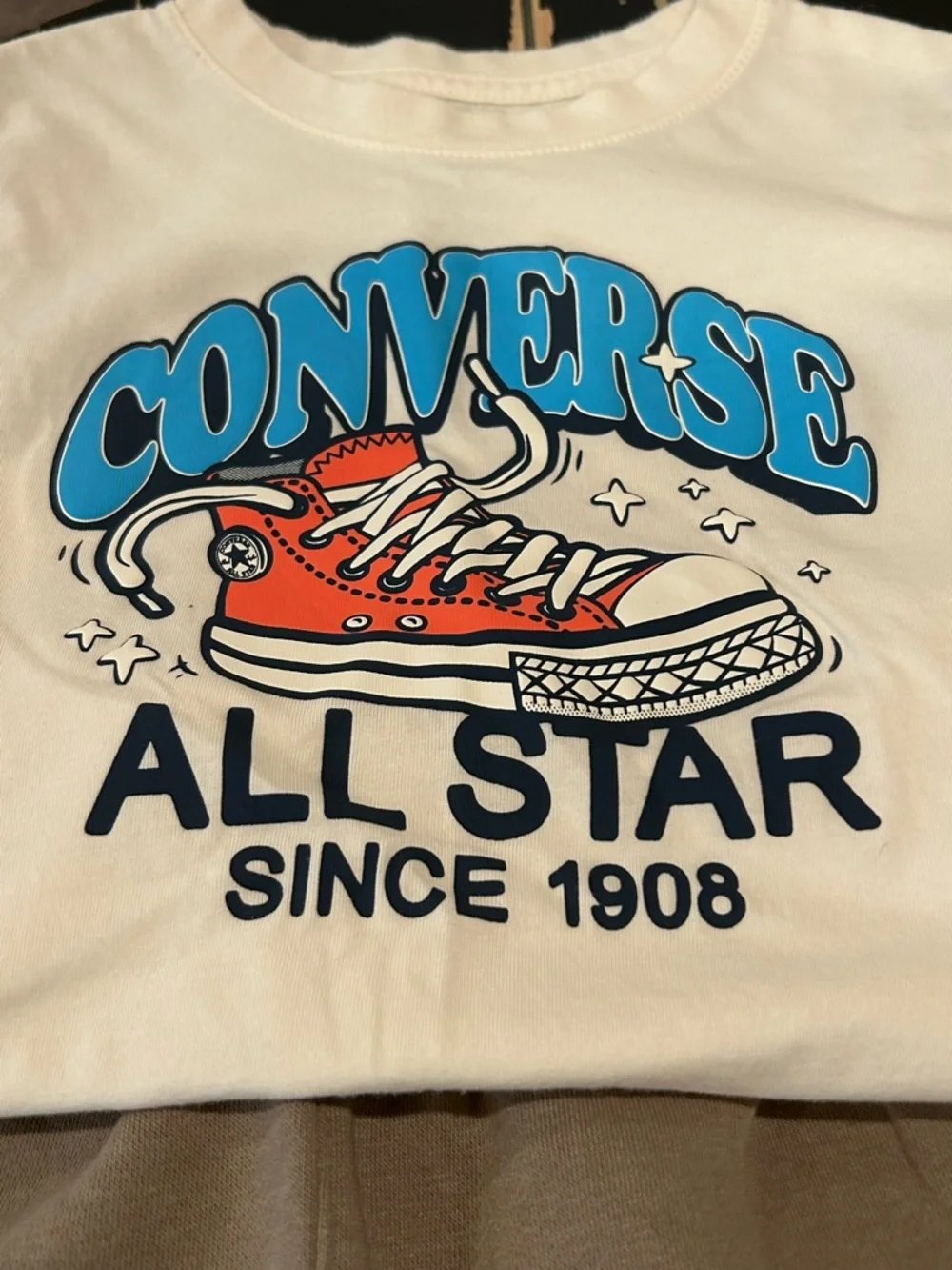 Converse Cream Tee with Blue Logo and Red Sneaker Graphic Boys Size 7